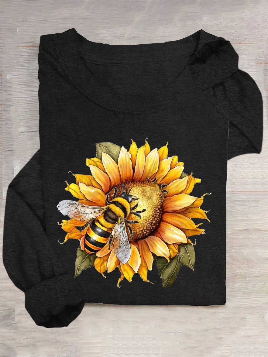 Casual Sunflower Crew Neck Long Sleeve T-shirt