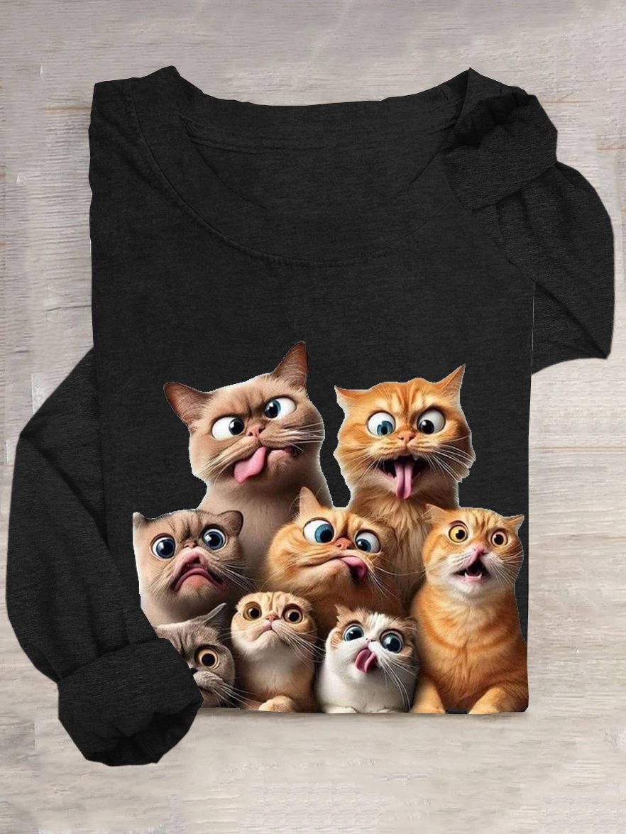 Casual Cat Crew Neck Long Sleeve T-shirt