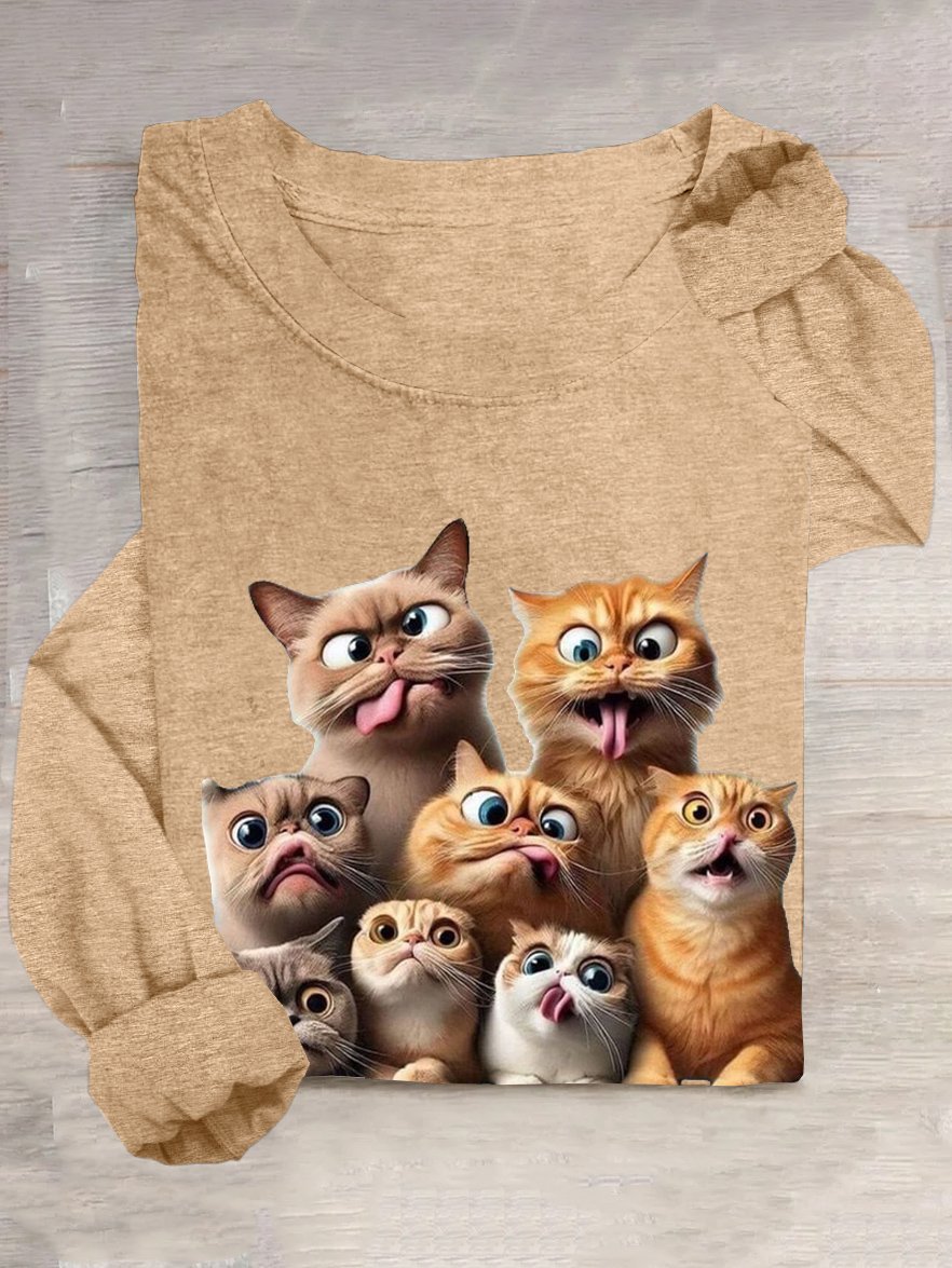 Casual Cat Crew Neck Long Sleeve T-shirt