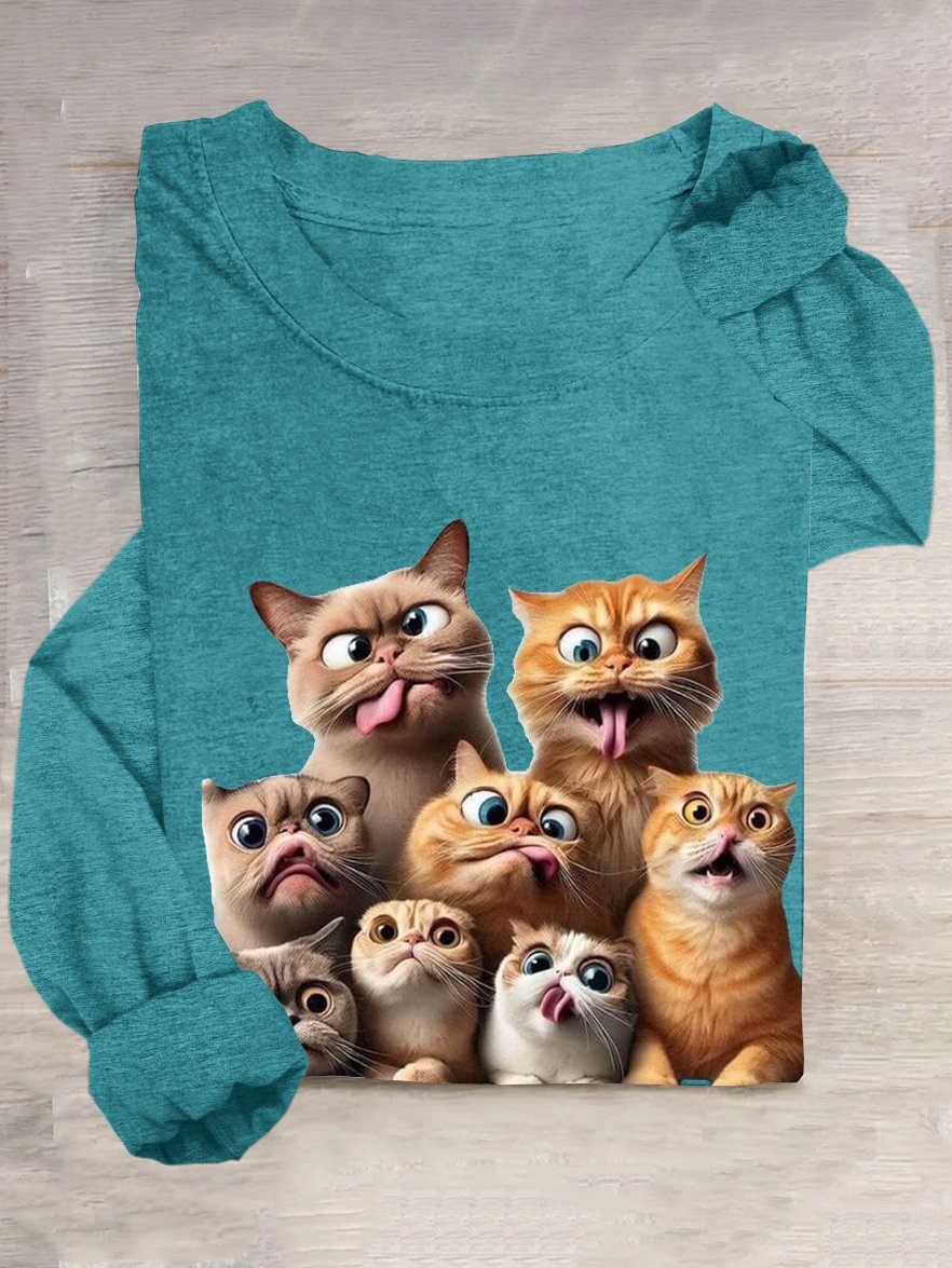 Casual Cat Crew Neck Long Sleeve T-shirt