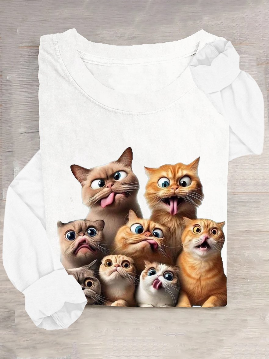 Casual Cat Crew Neck Long Sleeve T-shirt