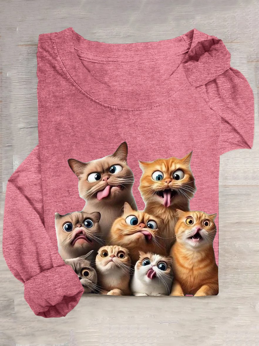 Casual Cat Crew Neck Long Sleeve T-shirt