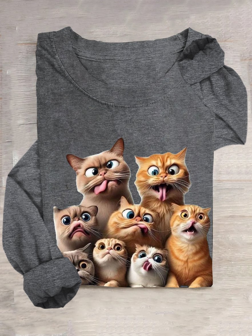 Casual Cat Crew Neck Long Sleeve T-shirt