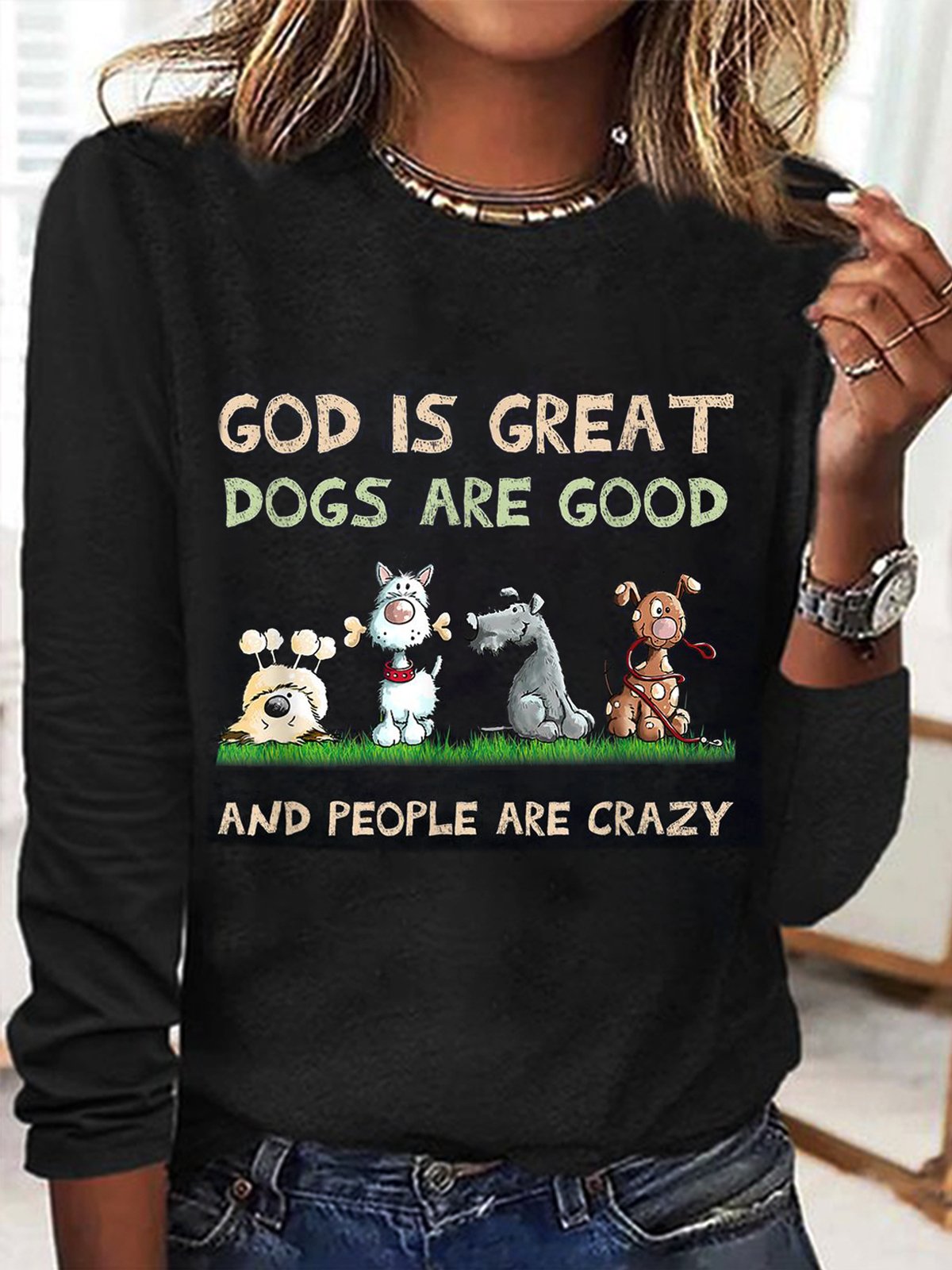 Casual Dog Crew Neck Long Sleeve T-shirt