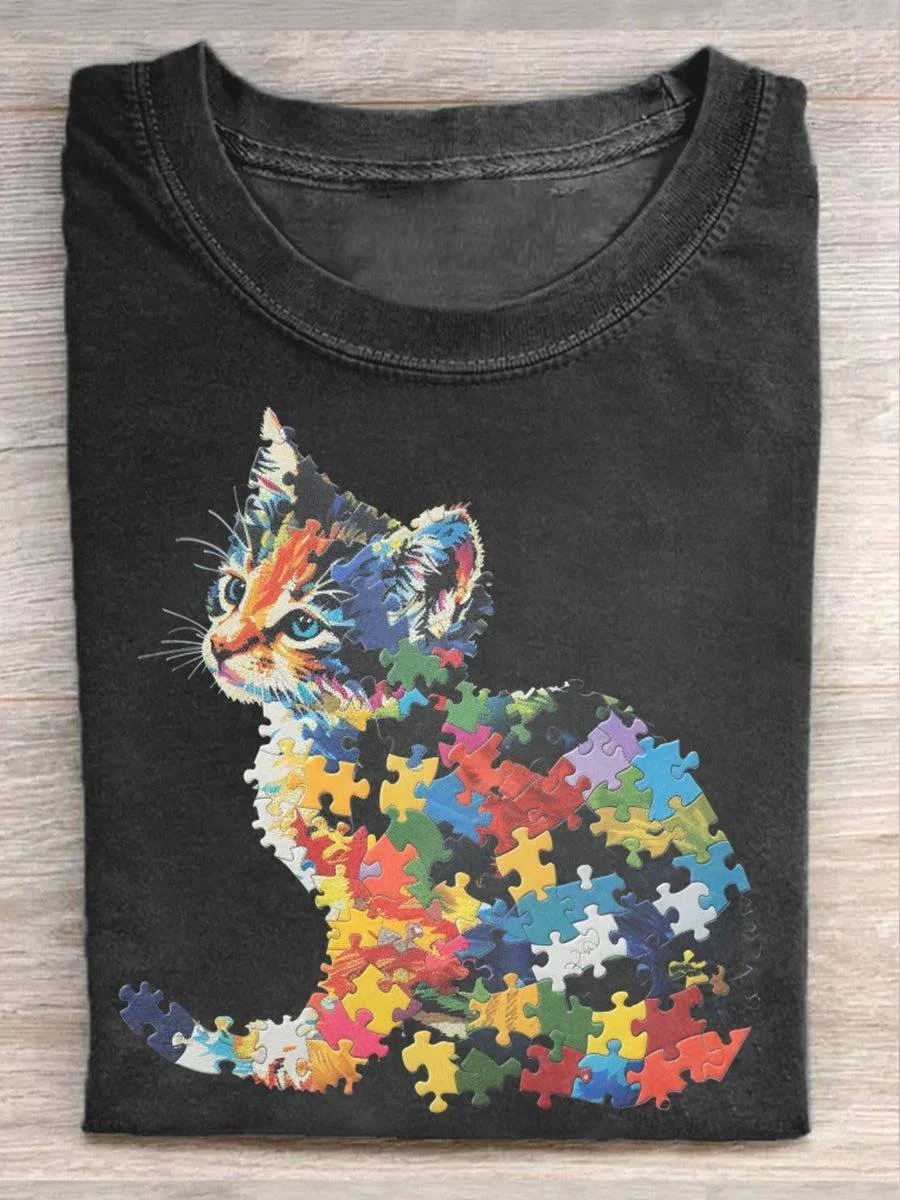 Casual Cat Crew Neck Long Sleeve T-shirt