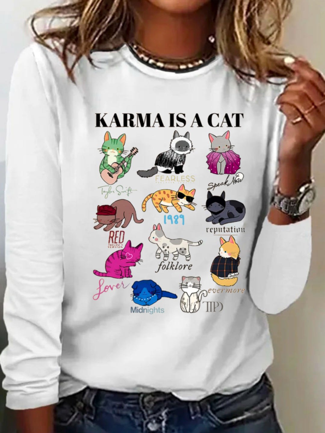 Casual Cat Crew Neck Long Sleeve T-shirt