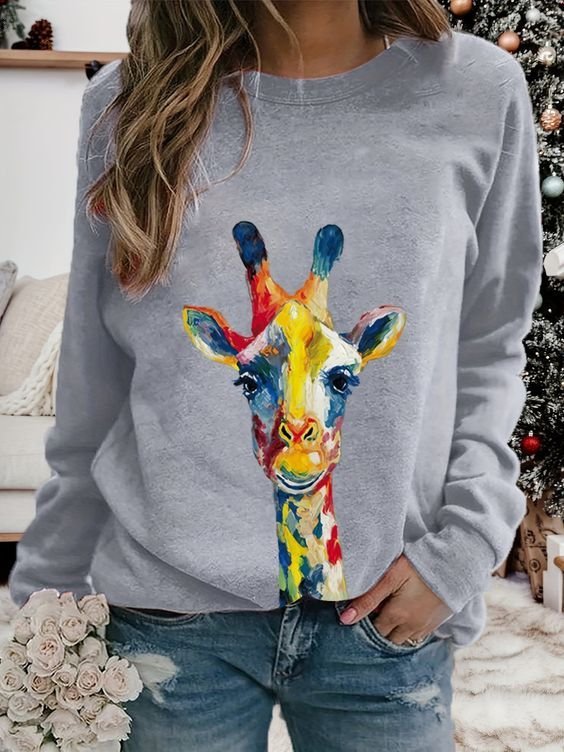 Casual Crew Neck Animal Sweatshirt