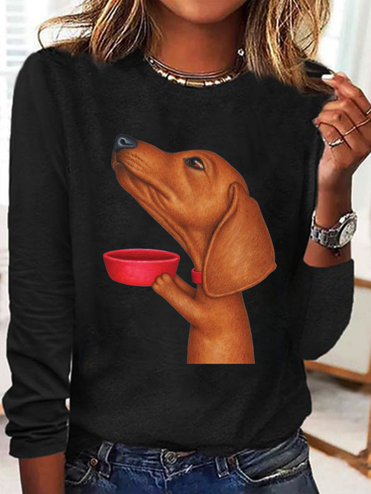 Casual Dog Crew Neck Long Sleeve T-shirt