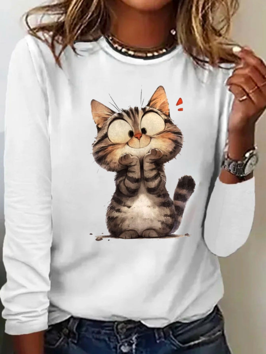 Casual Cat Crew Neck Long Sleeve T-shirt