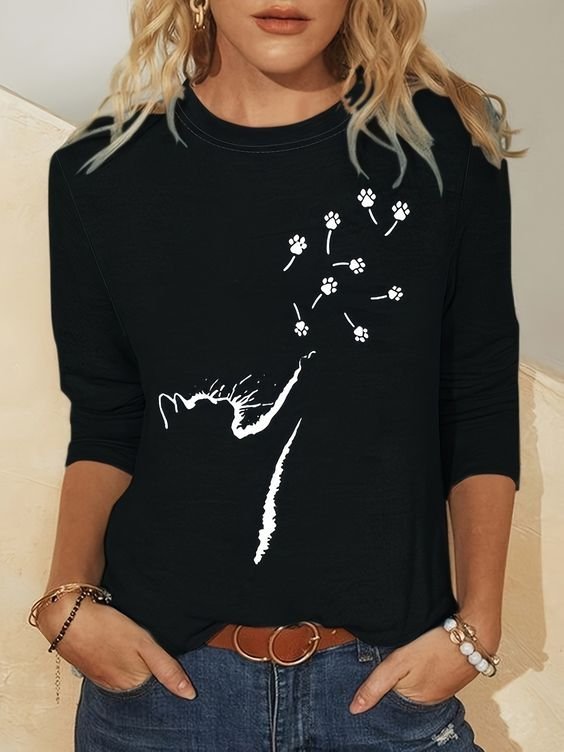 Casual Cat Crew Neck Long Sleeve T-shirt