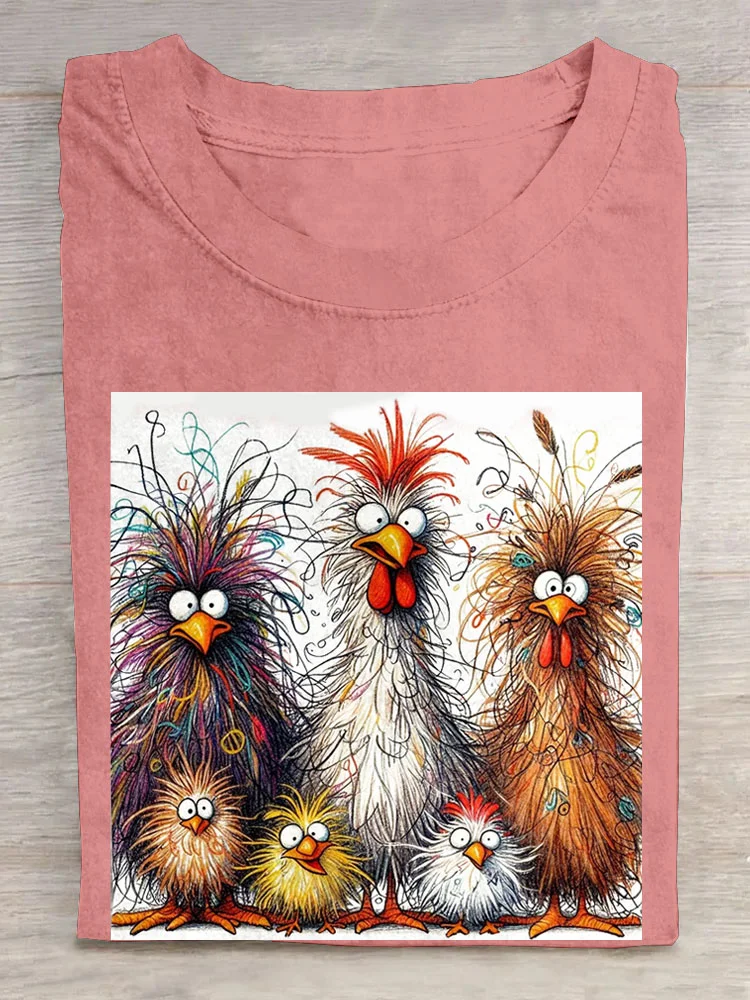 Casual Cute Chicken Animal Crew Neck Short Sleeve Cotton T-shirt