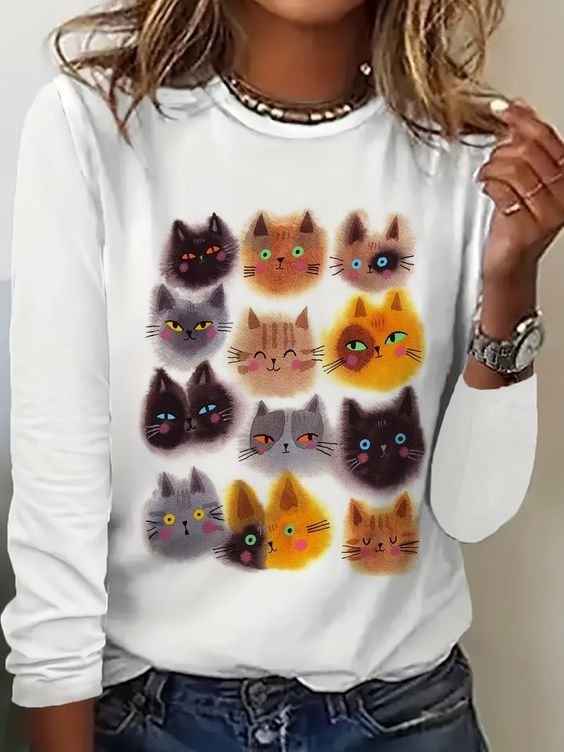 Casual Cat Crew Neck Long Sleeve T-shirt