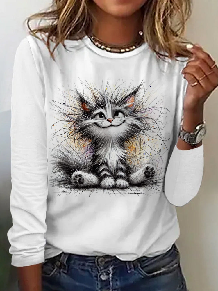 Casual Cat Crew Neck Long Sleeve T-shirt