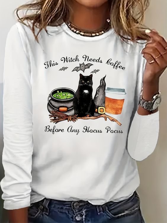 Casual Cat Crew Neck Long Sleeve T-shirt