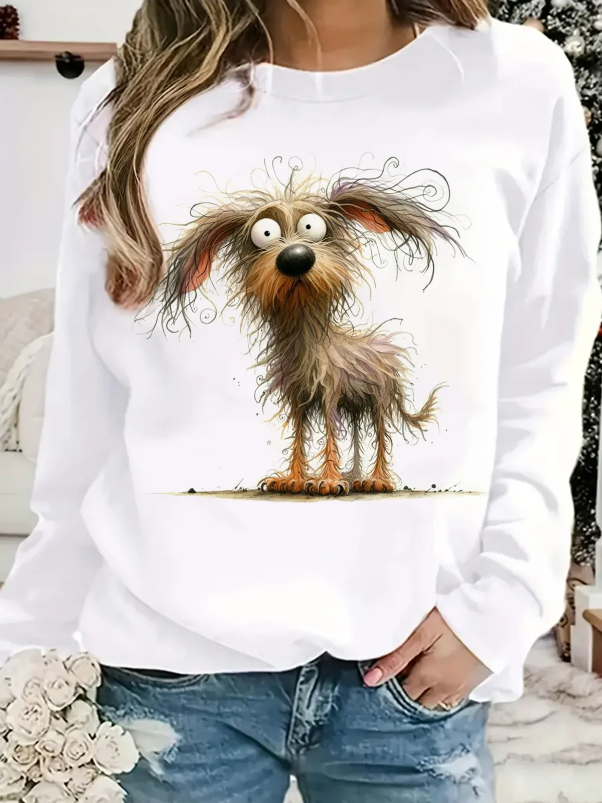 Casual Crew Neck Dog Sweatshirt