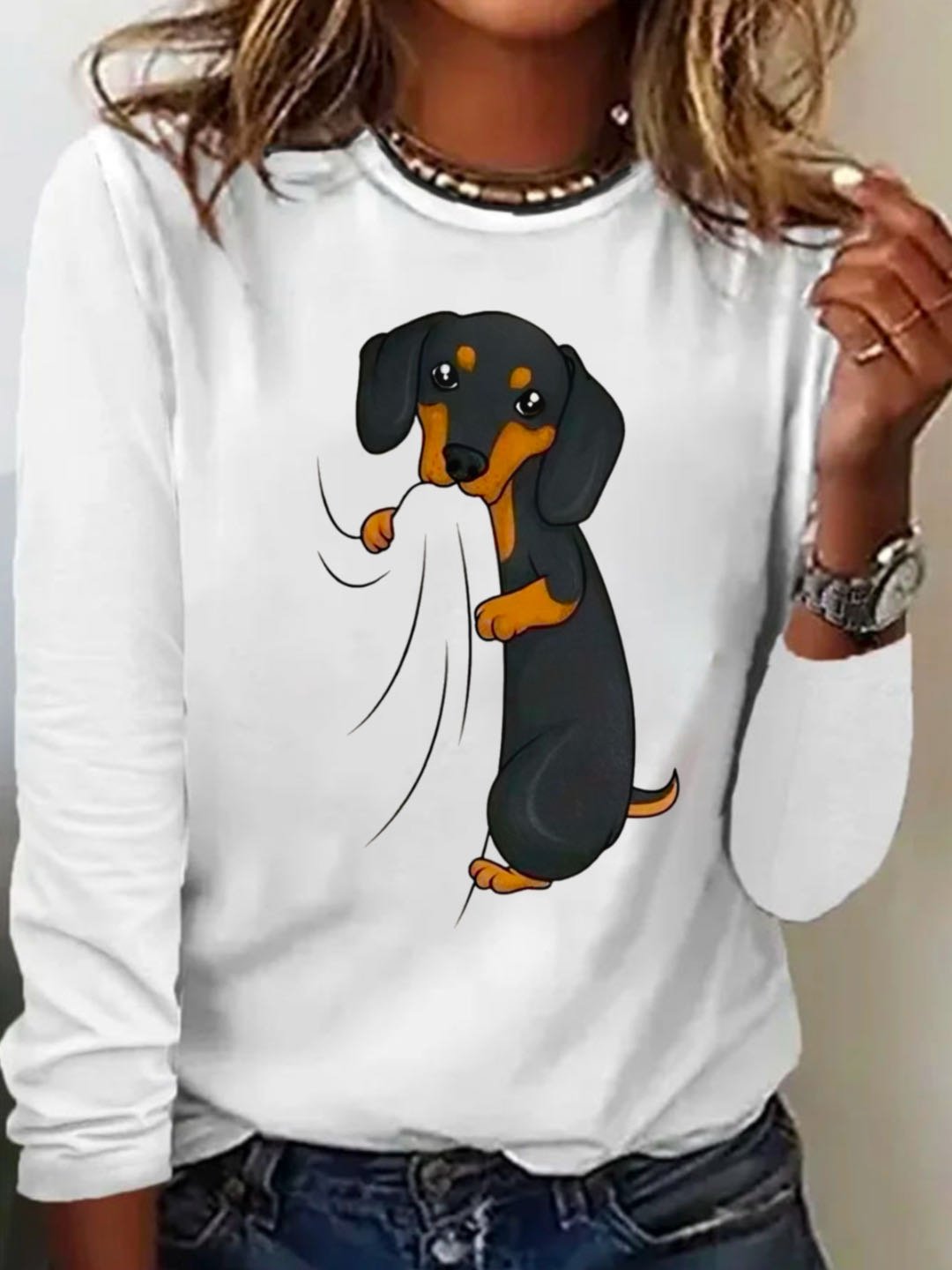 Casual Dog Crew Neck Long Sleeve T-shirt