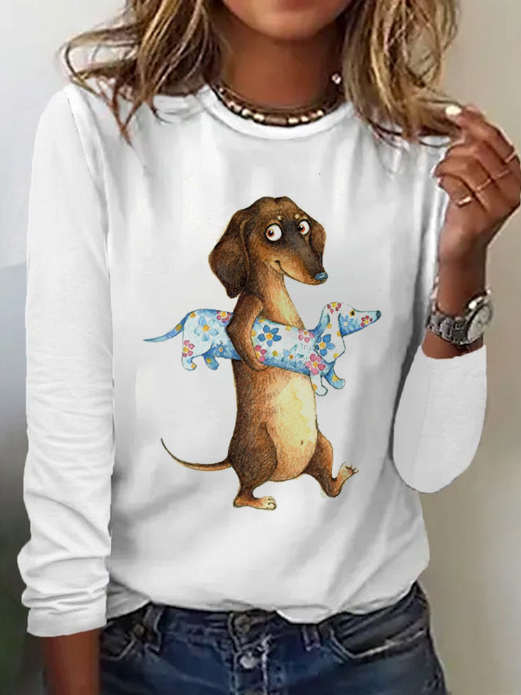 Casual Dog Crew Neck Long Sleeve T-shirt