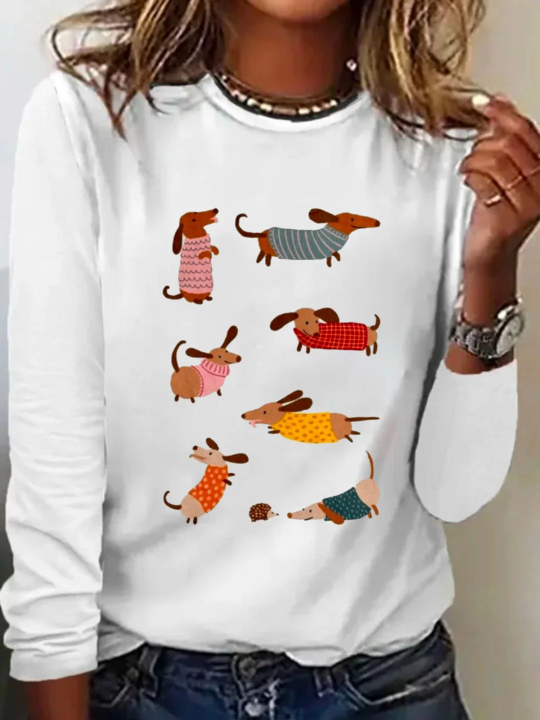 Casual Dog Crew Neck Long Sleeve T-shirt