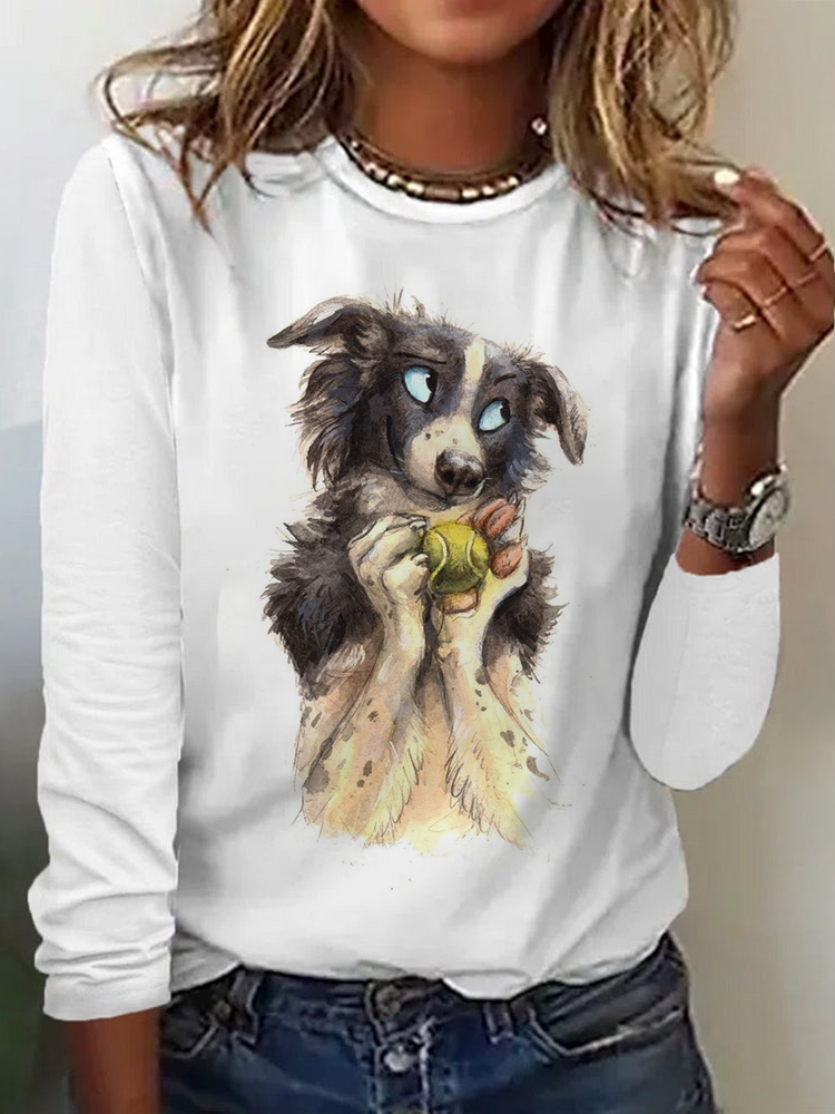 Casual Dog Crew Neck Long Sleeve T-shirt