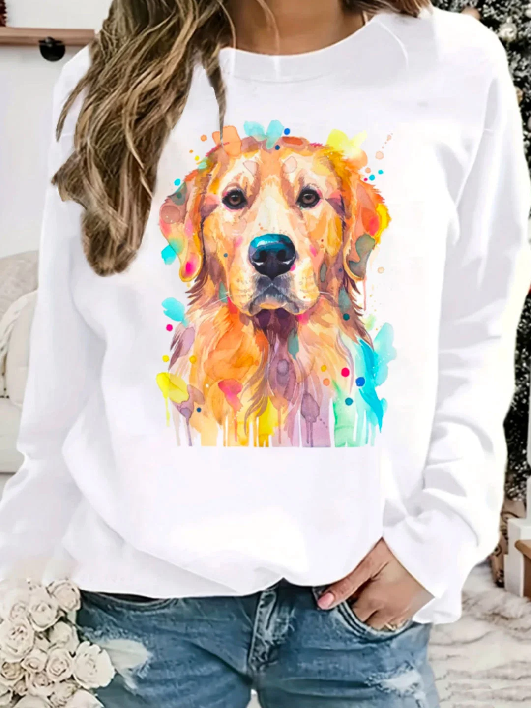 Casual Crew Neck Dog Sweatshirt