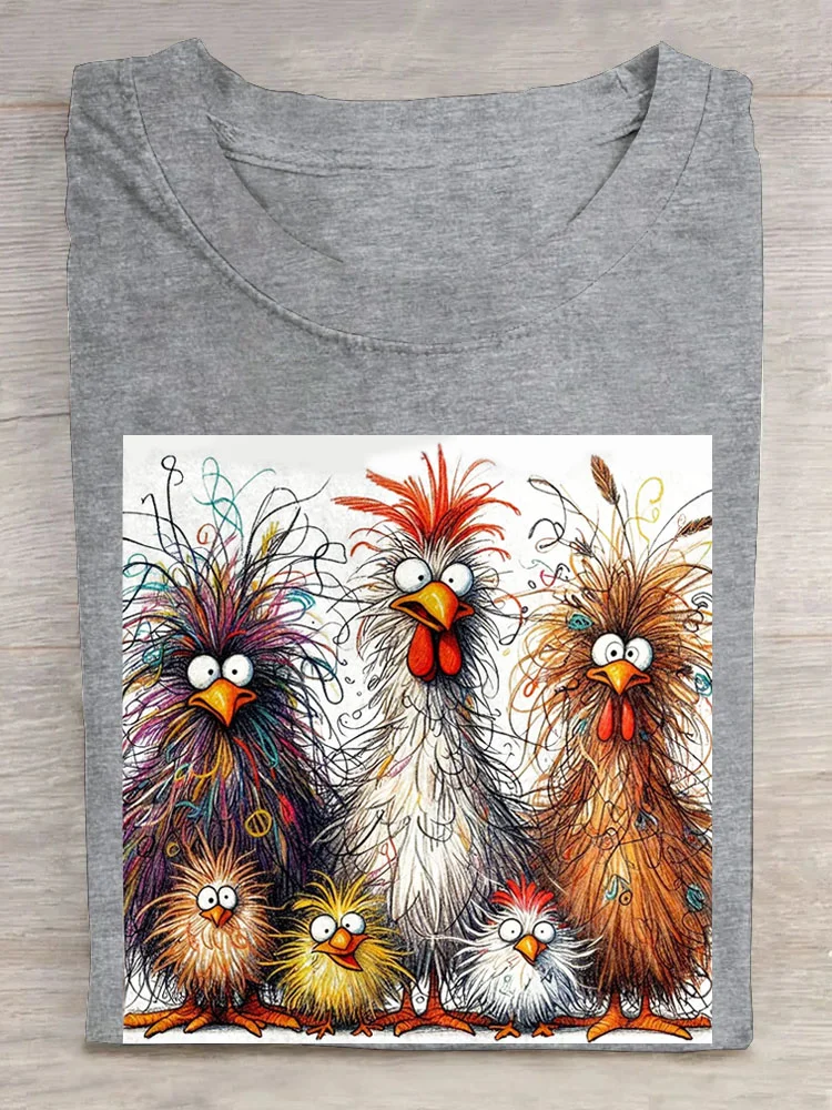 Casual Cute Chicken Animal Crew Neck Short Sleeve Cotton T-shirt