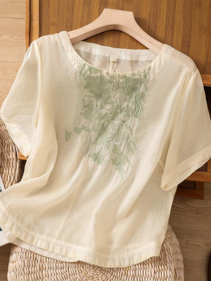 Shirt Collar Short Sleeve Plain Embroidery Regular Loose Blouse For Women