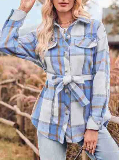 Shirt Collar Long Sleeve Plaid Regular Loose Shirt For Women