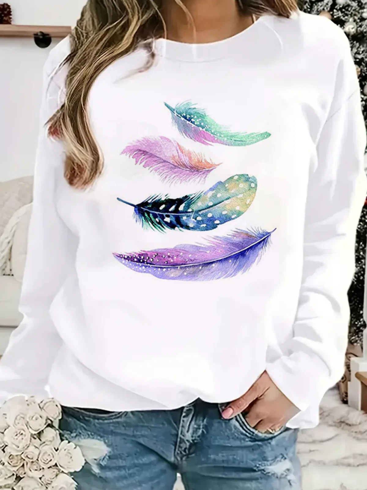 Casual Crew Neck Feather Sweatshirt