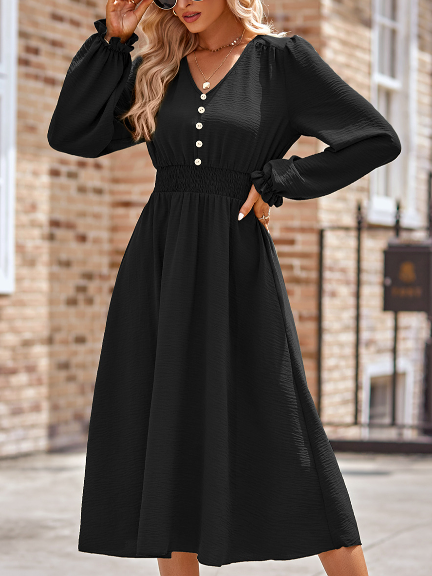 Women Plain Crew Neck Long Sleeve Comfy Casual Midi Dress