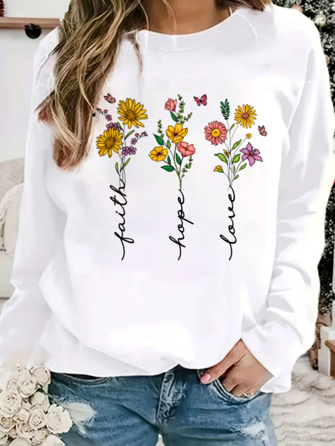 Casual Crew Neck Floral Sweatshirt