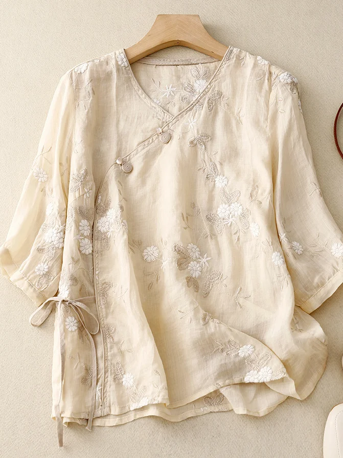 Shirt Collar Three Quarter Sleeve Plain Embroidery Regular Loose Blouse For Women