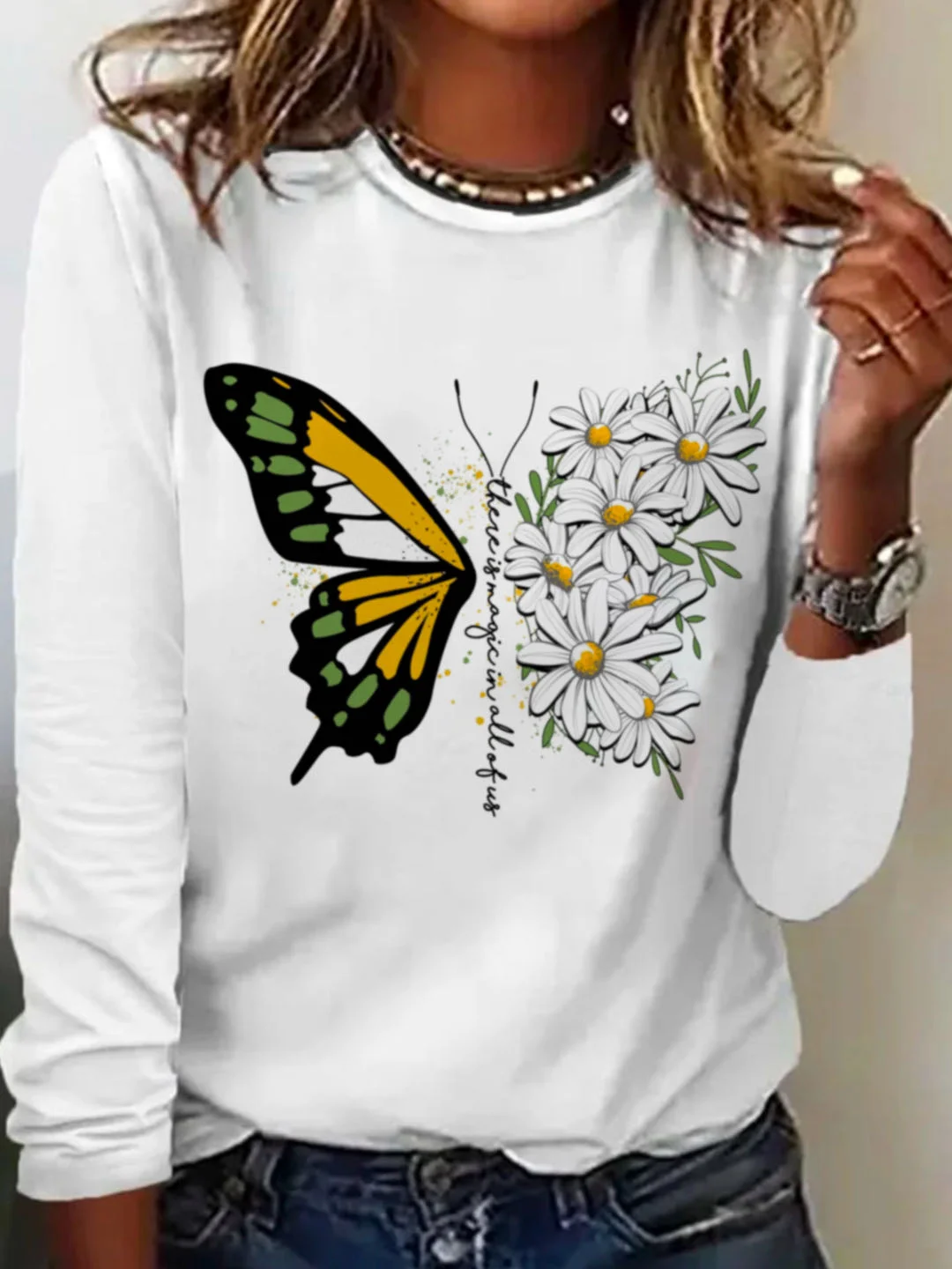 Casual Butterfly Crew Neck Long Sleeve T-shirt