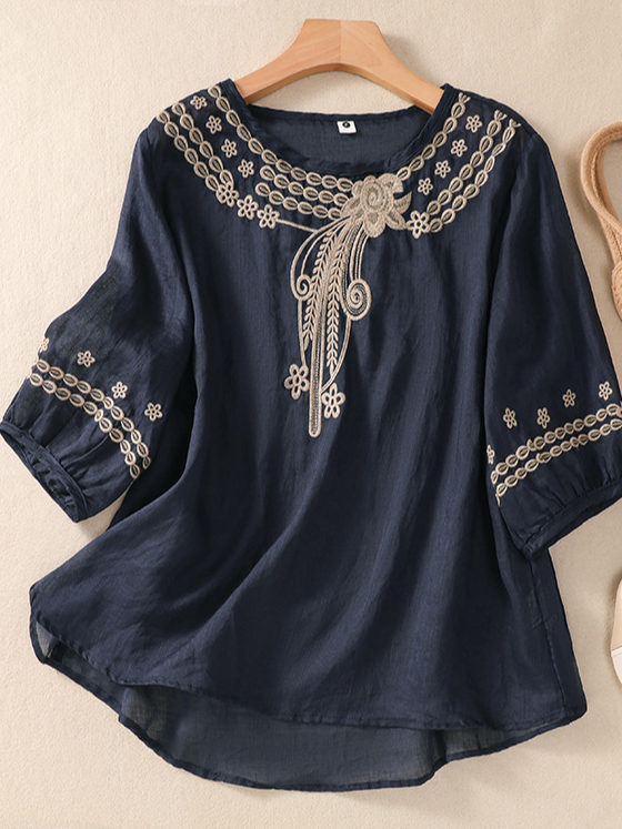 Shirt Collar Short Sleeve Plain Embroidery Regular Loose Blouse For Women