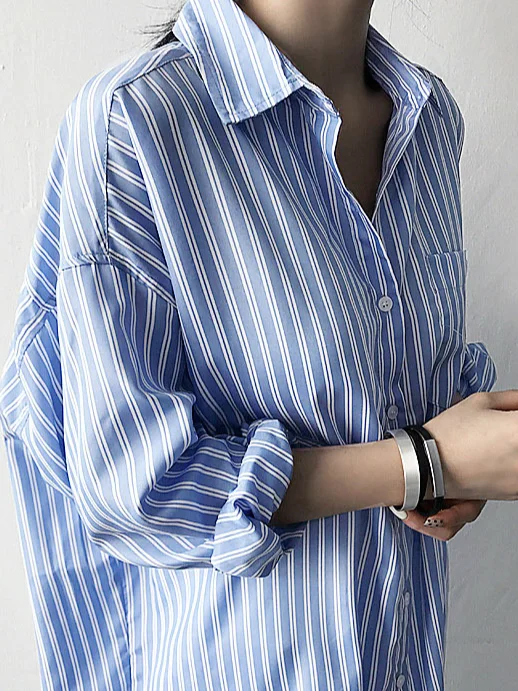 Shirt Collar Long Sleeve Striped Regular Loose Shirt For Women