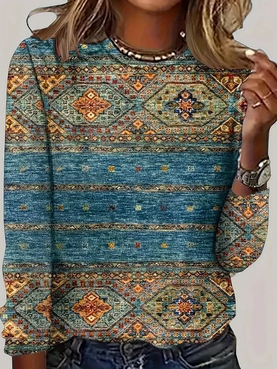 Casual Ethnic Crew Neck Long Sleeve T-shirt