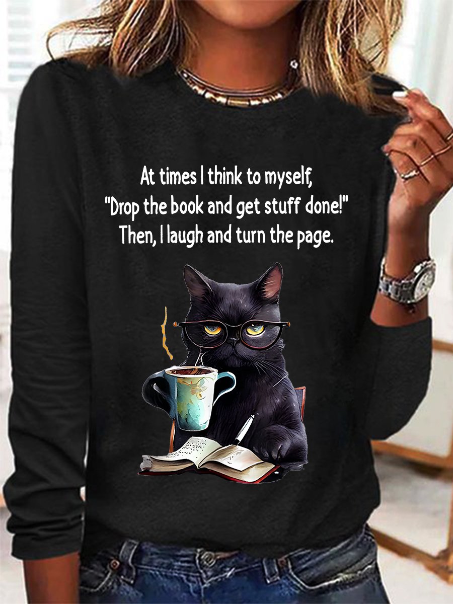 Casual Cat Crew Neck Long Sleeve T-shirt