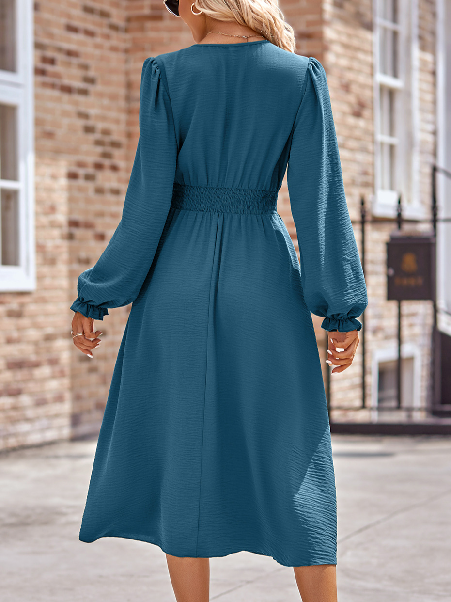 Women Plain Crew Neck Long Sleeve Comfy Casual Midi Dress