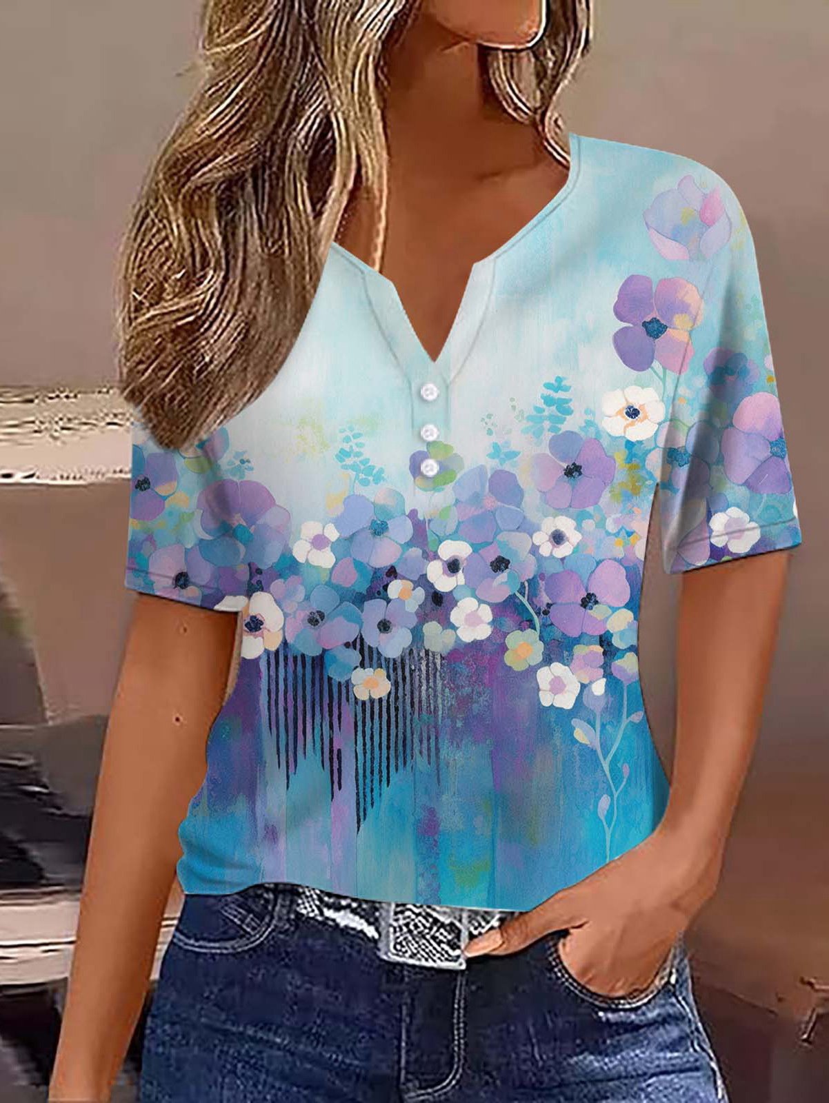 Casual Floral Notched Short Sleeve T-shirt