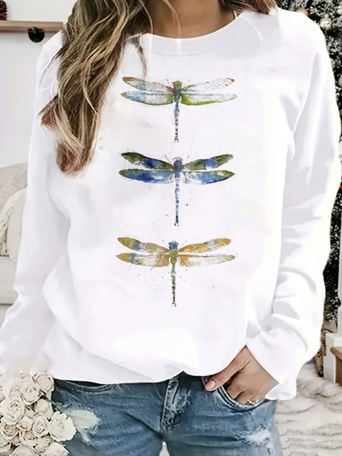 Casual Crew Neck Dragonfly Sweatshirt