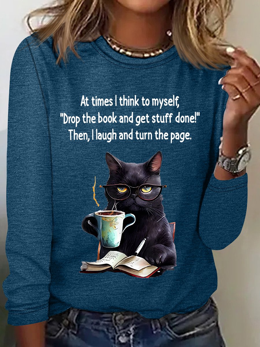 Casual Cat Crew Neck Long Sleeve T-shirt