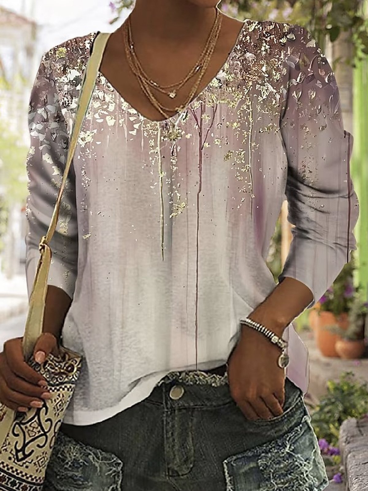 Casual Floral V Neck Short Sleeve T-shirt