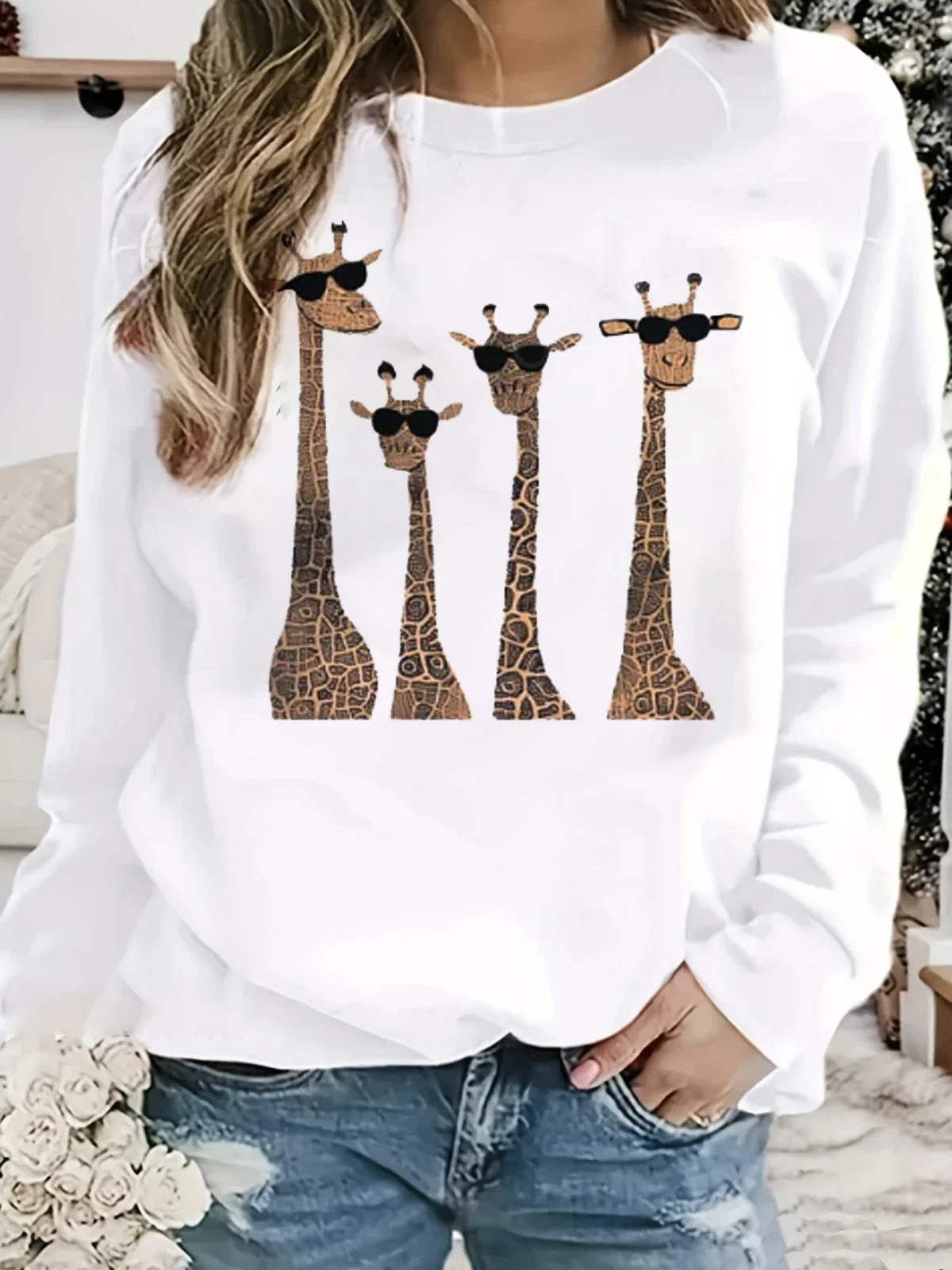 Casual Crew Neck Animal Sweatshirt