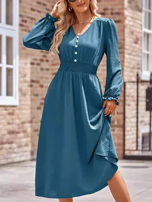 Women Plain Crew Neck Long Sleeve Comfy Casual Midi Dress