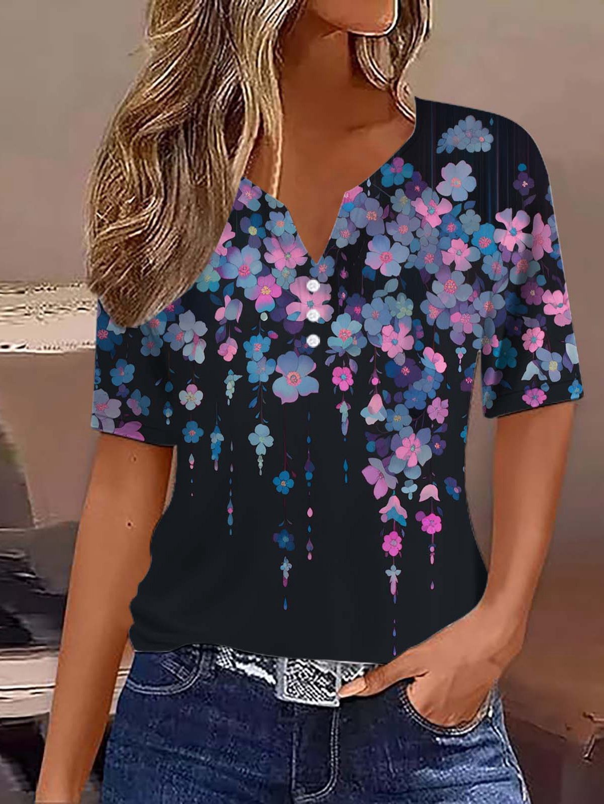 Casual Floral Notched Short Sleeve T-shirt