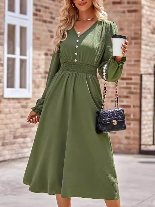 Women Plain Crew Neck Long Sleeve Comfy Casual Midi Dress