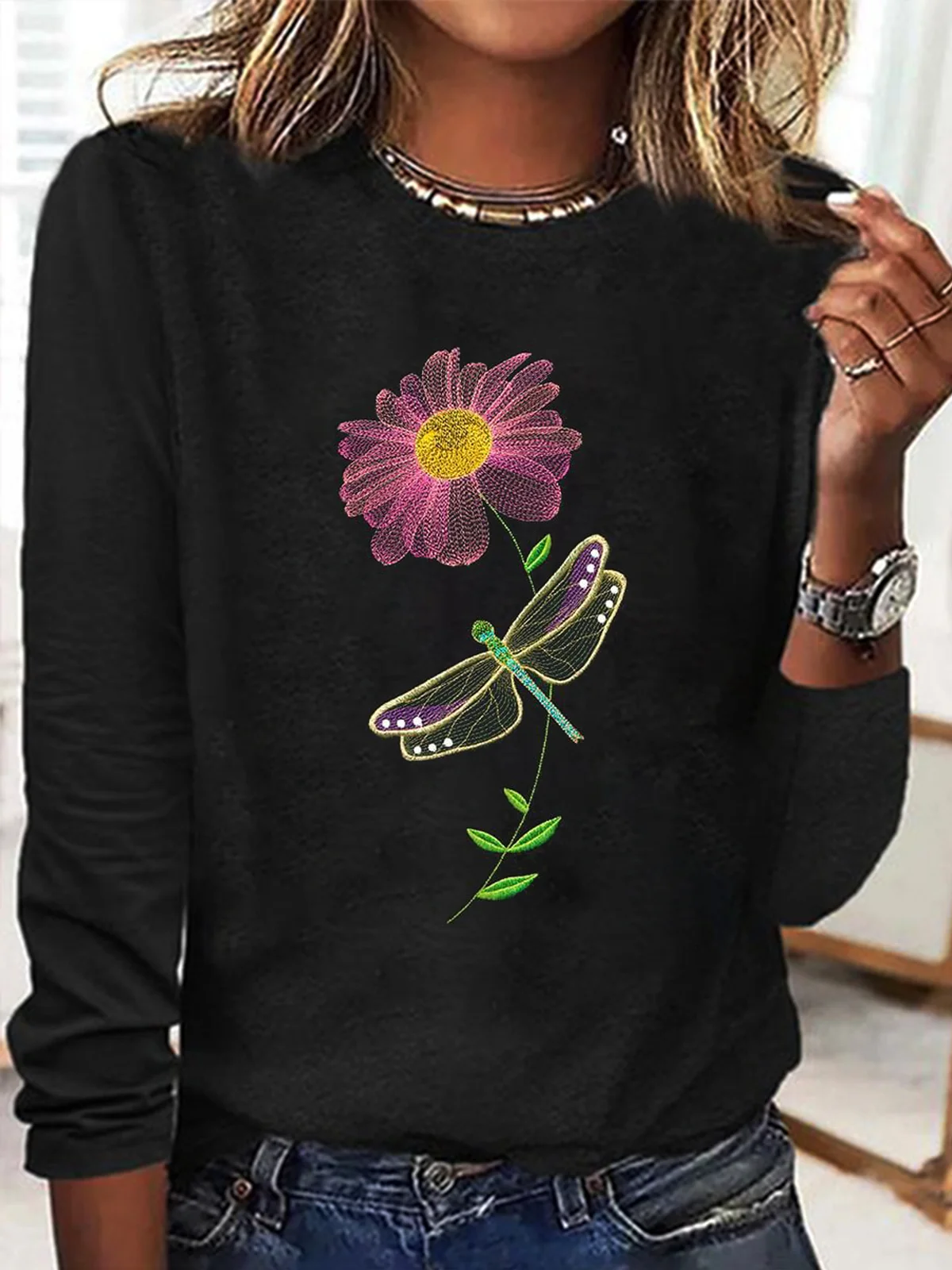 Casual Floral Crew Neck Long Sleeve T-shirt