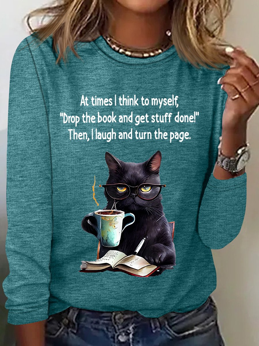 Casual Cat Crew Neck Long Sleeve T-shirt