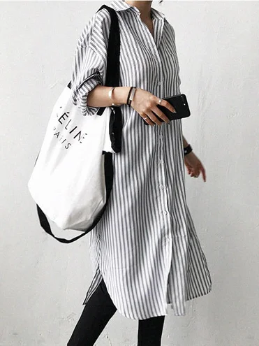 Shirt Collar Long Sleeve Striped Regular Loose Shirt For Women