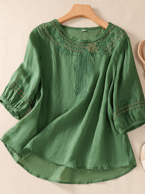 Shirt Collar Short Sleeve Plain Embroidery Regular Loose Blouse For Women