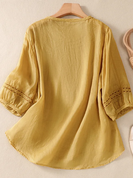 Shirt Collar Short Sleeve Plain Embroidery Regular Loose Blouse For Women